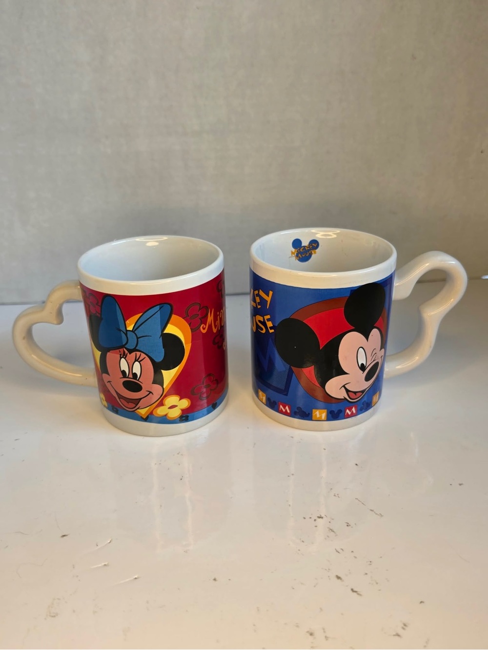 Vintage Mickey and Minnie Mouse mugs Heart shaped handles